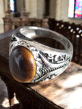 Bague vintage homme œil de tigre cabochon, style chevalière fantaisie 57