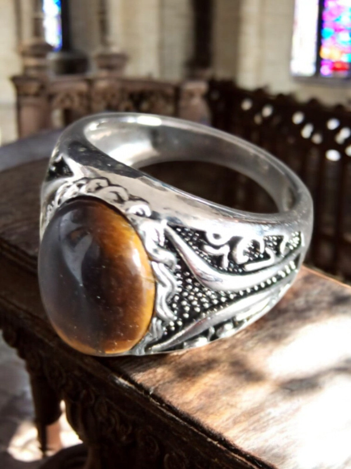 Bague vintage homme œil de tigre cabochon, style chevalière fantaisie 57