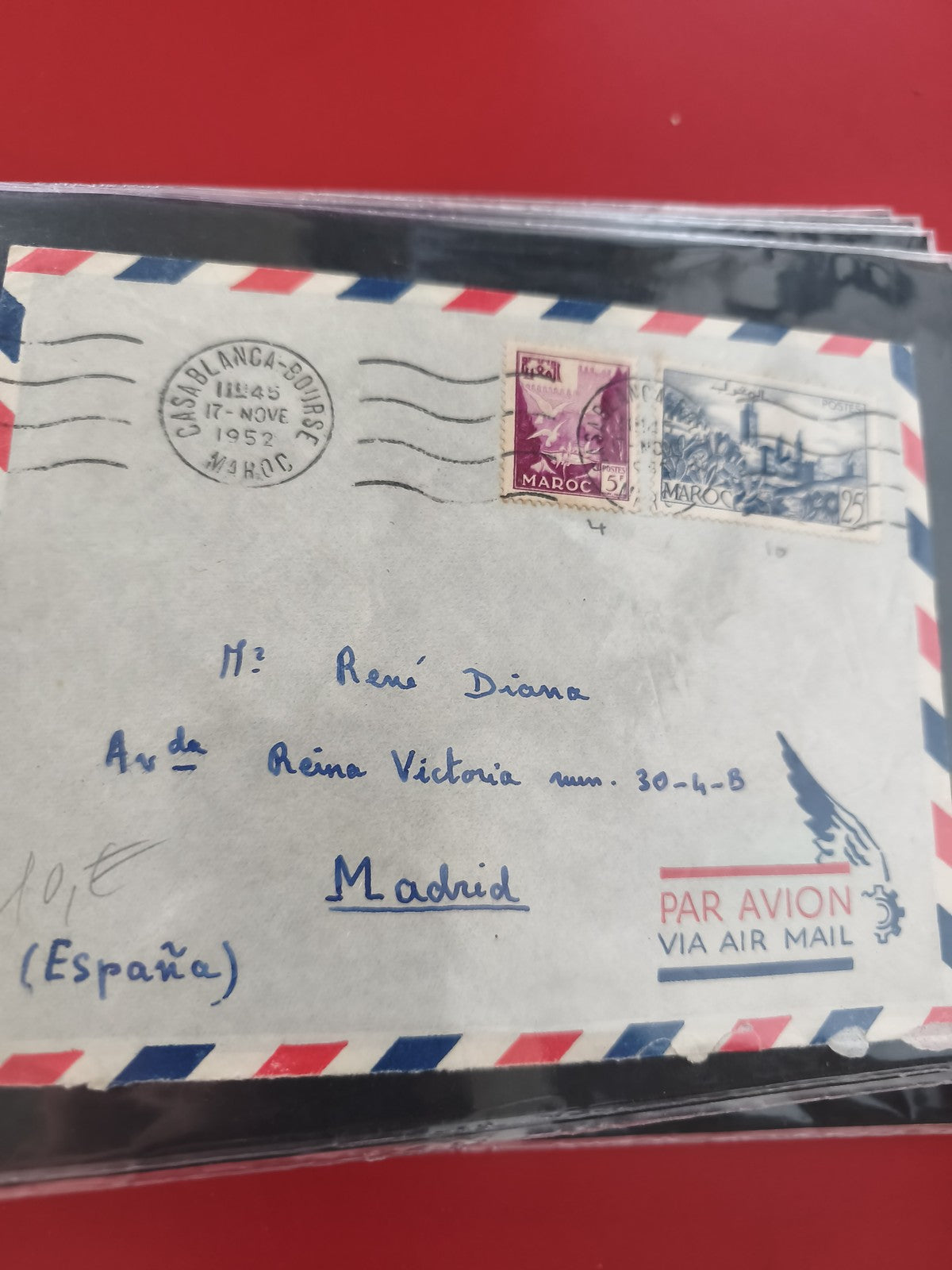 Ancienne enveloppe oblitérée Maroc 1952 pour philatéliste, Par Avion, timbres