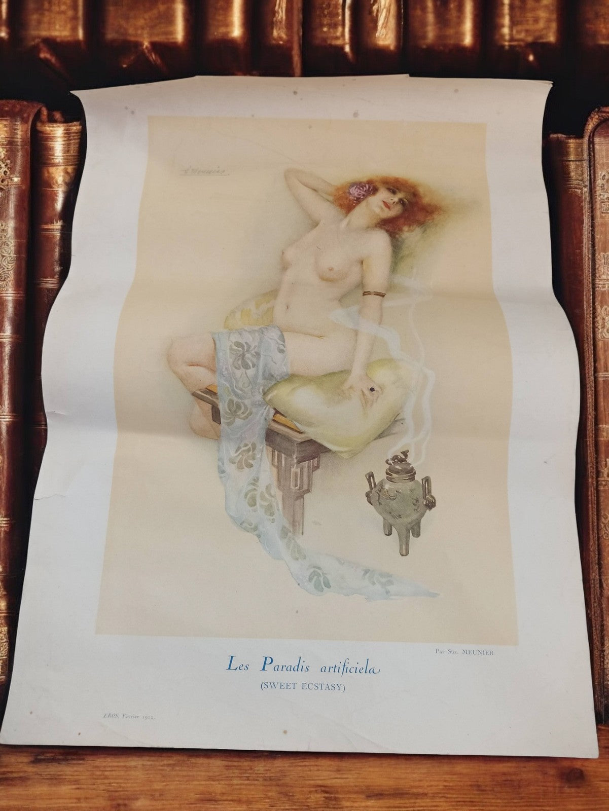Lithographie ancienne Les Paradis artificiels Meunier art déco rétro nu féminin