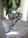 Broche vintage florale strass perles, bijou fantaisie ancien, épingle rétro