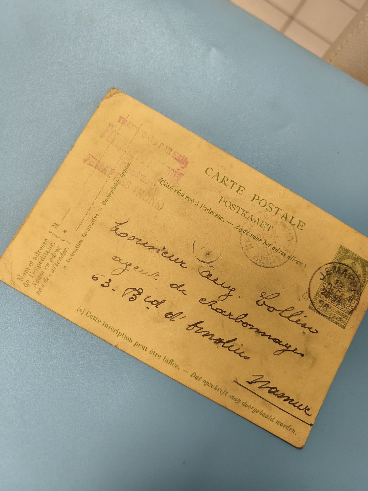 Ancienne carte postale Belgique fin XIXe philatélie tampon Namur vintage