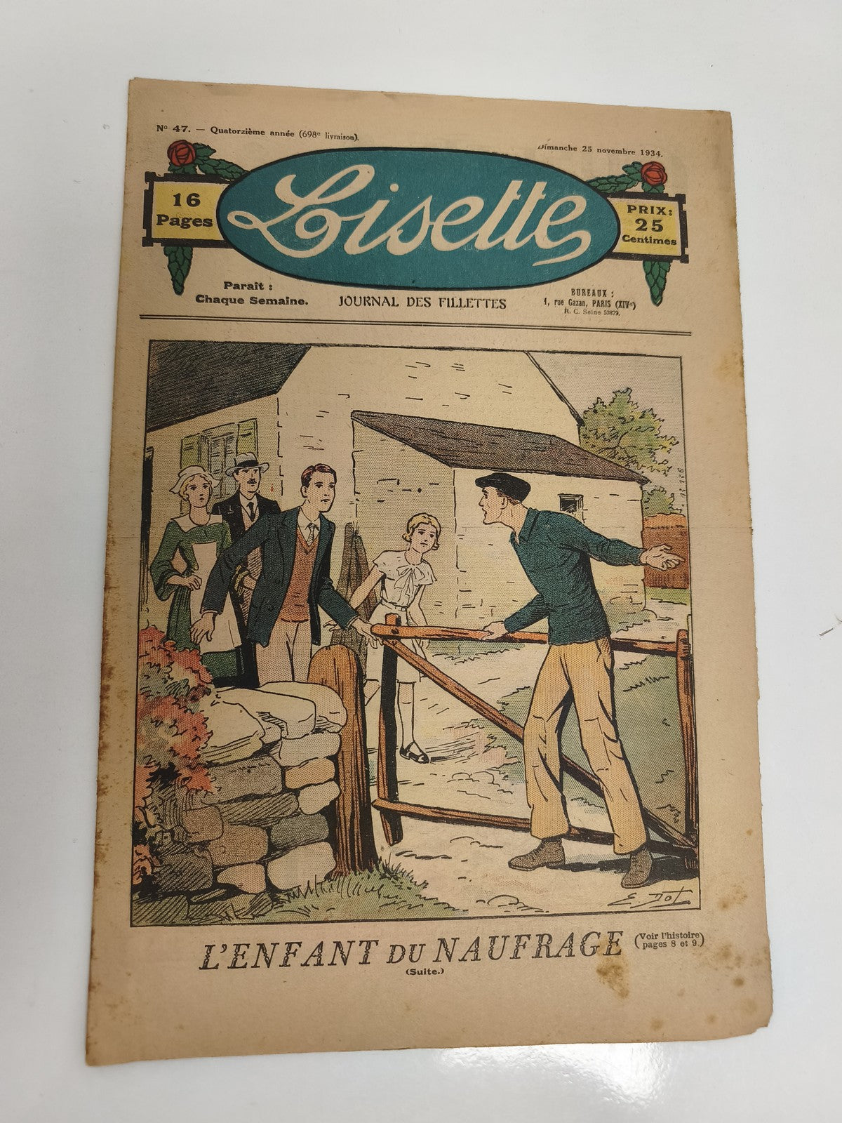Journal ancien Lisette 1934, couverture illustrée, L'Enfant du Naufrage
