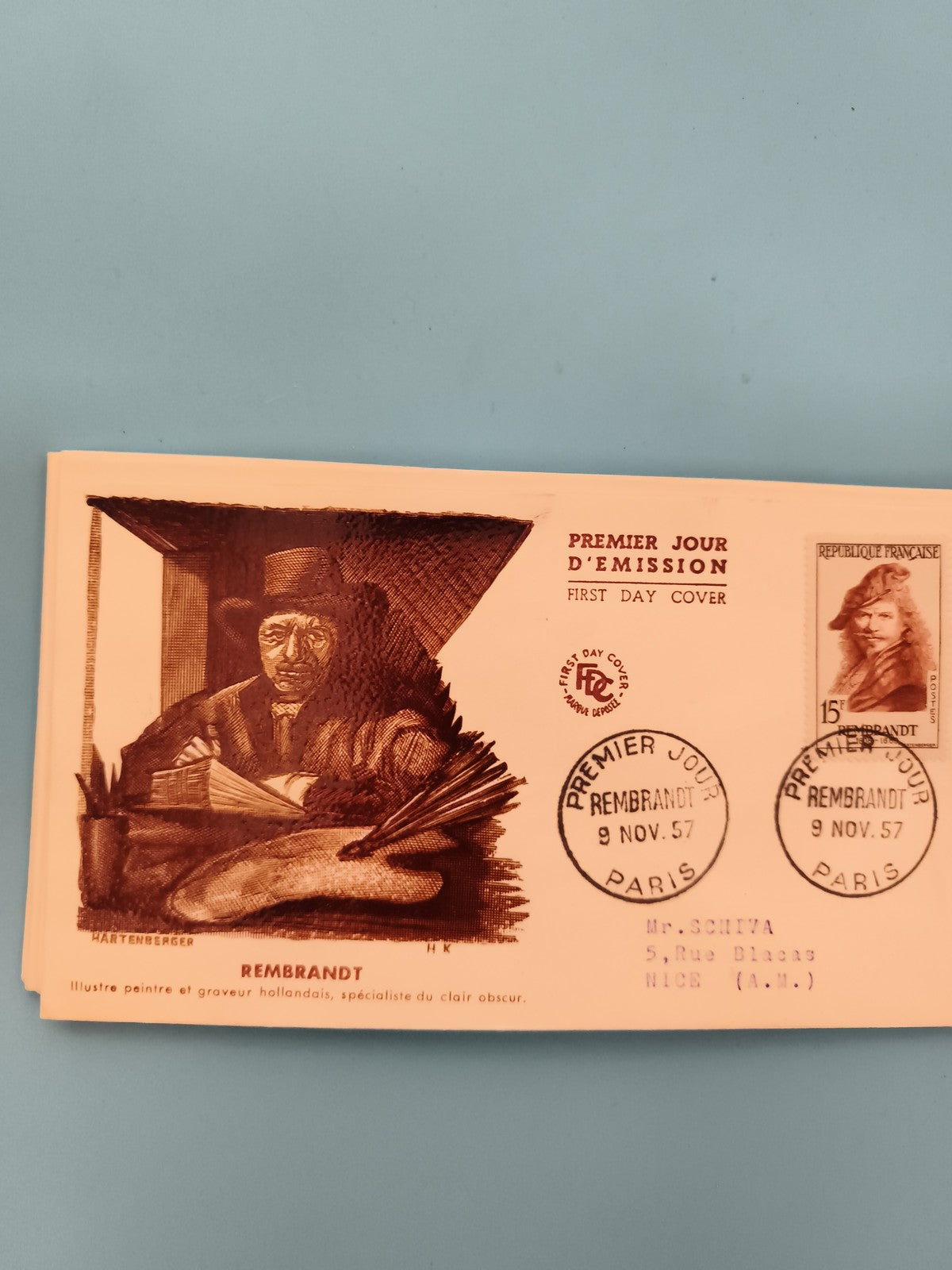 Lettre Premier Jour Rembrandt 1957 Paris, timbre 15F République Française