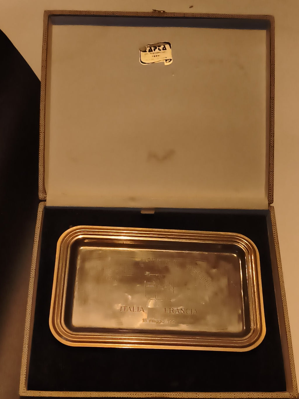 Plaque commémorative Omega boxe Italie France 1991 vintage, étui d'origine