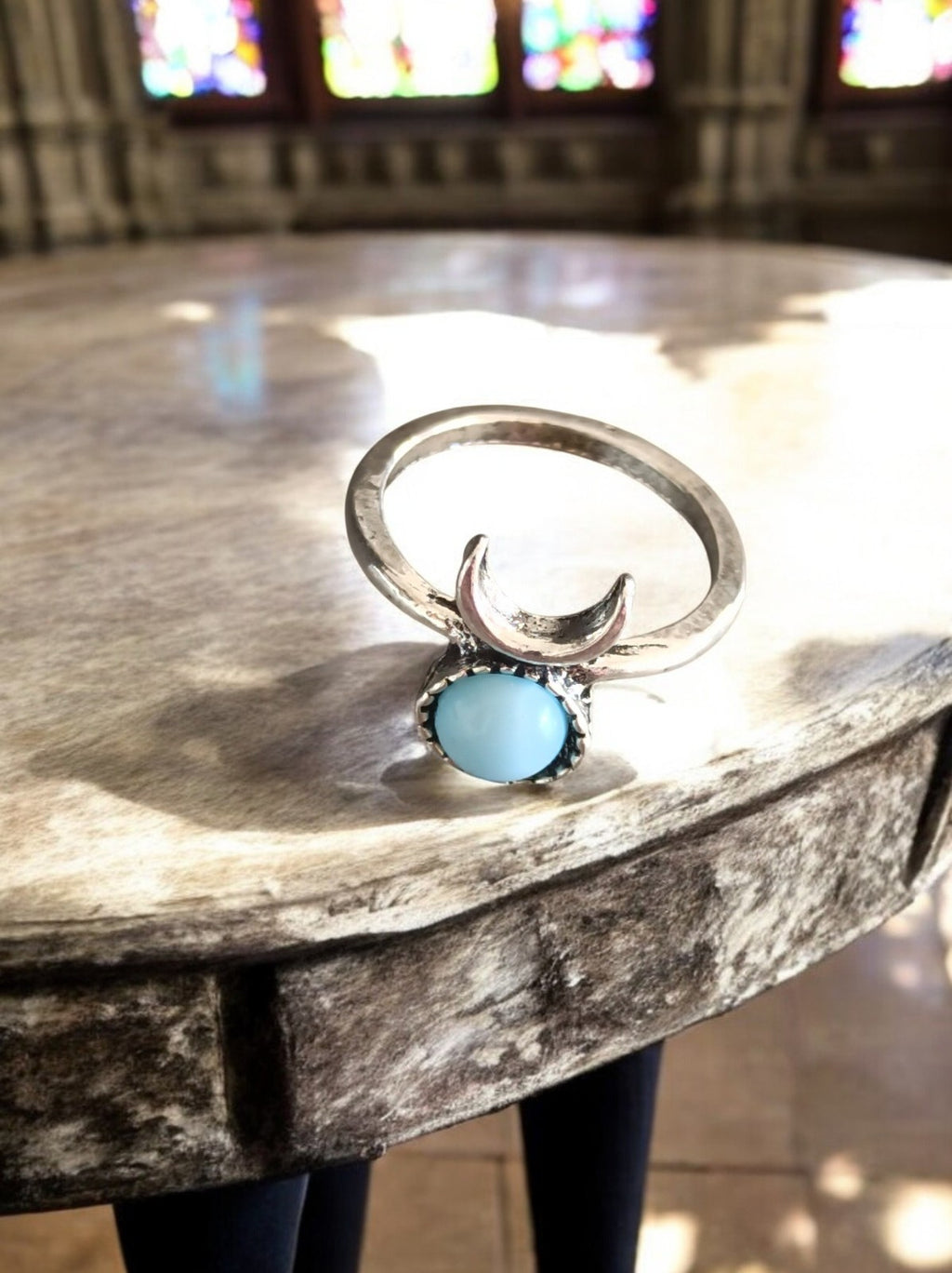 Bague créateur vintage lune pierre bleue style élégant fantaisie T49