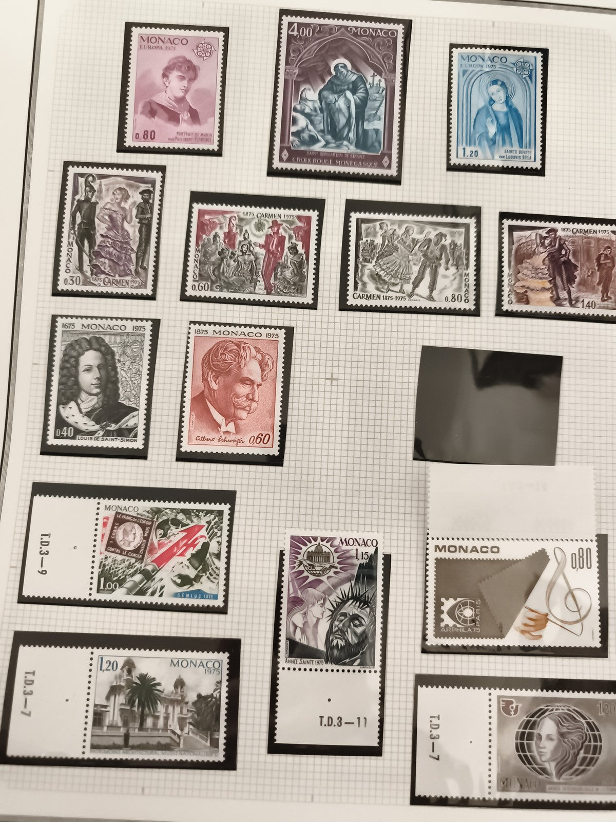 Timbres Monaco 1975 thématiques Europa, musique, personnages, lot philatélie