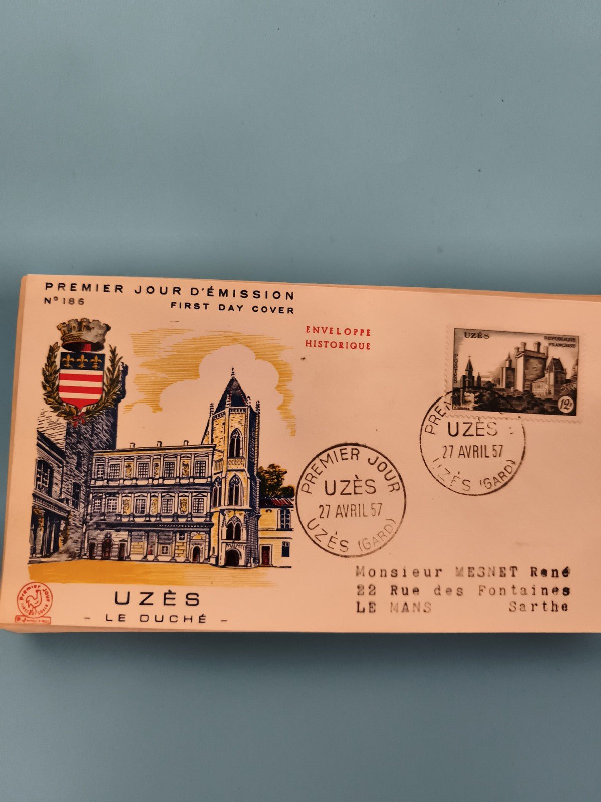 Enveloppe Premier Jour Uzès 1957 Duché cachet philatélie FDC historique