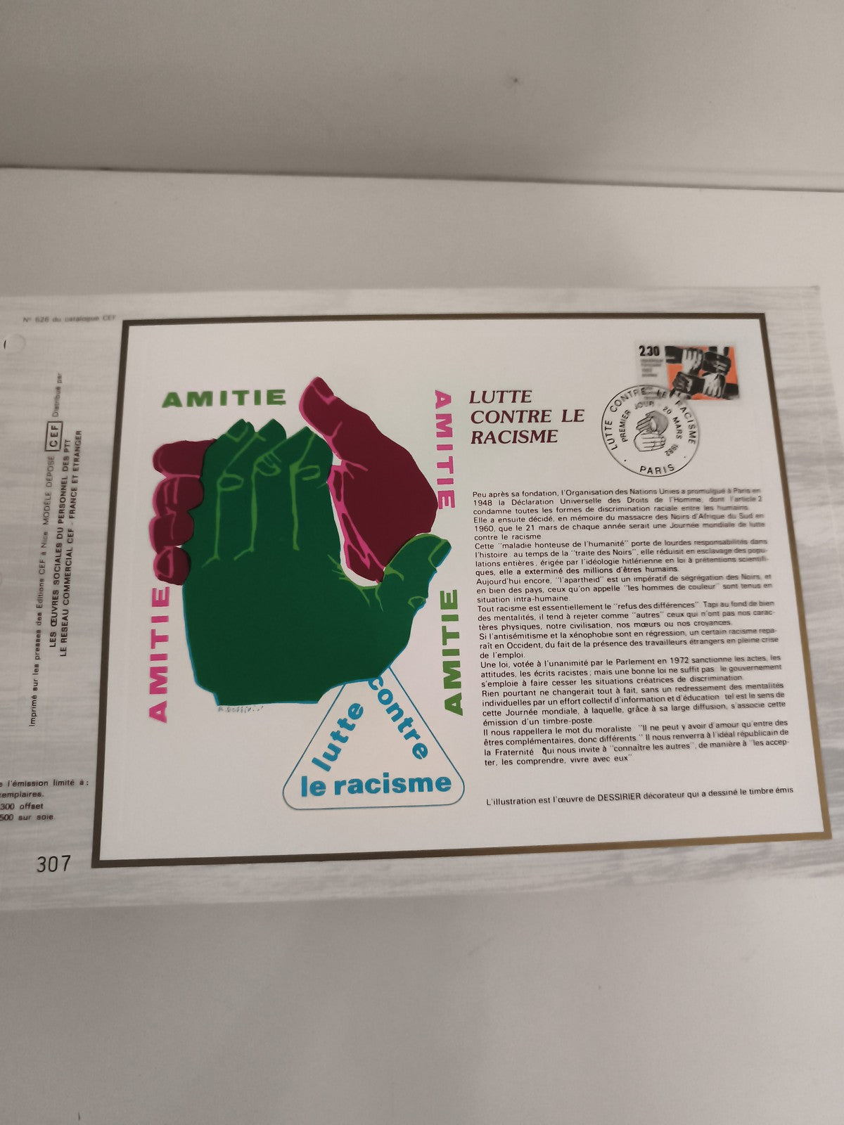 Feuillet CEF Lutte contre le racisme amitié timbre 230 Paris philatélie