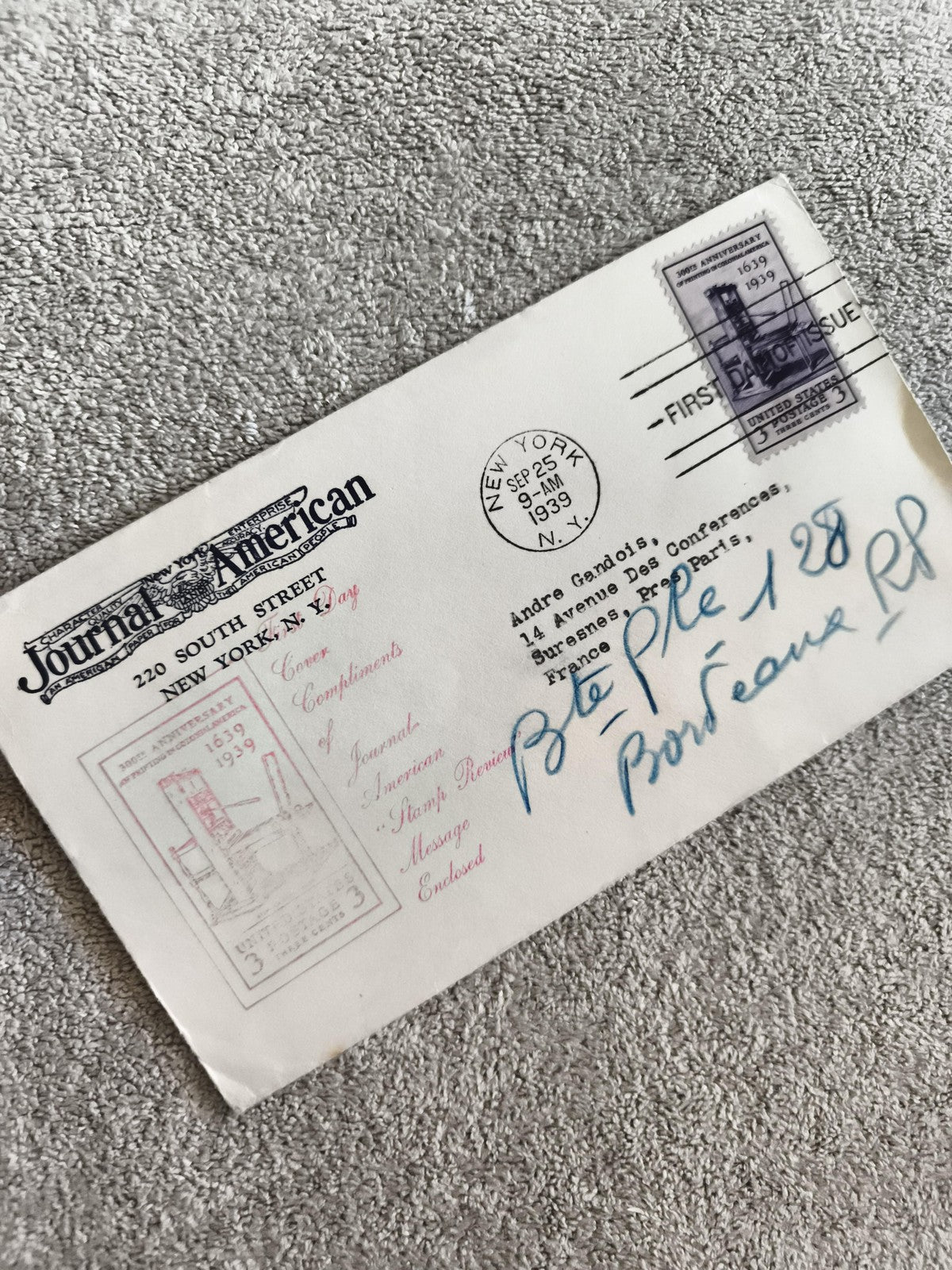 Lettre premier jour 1939 USA Journal American cachet New York timbre 300e annive