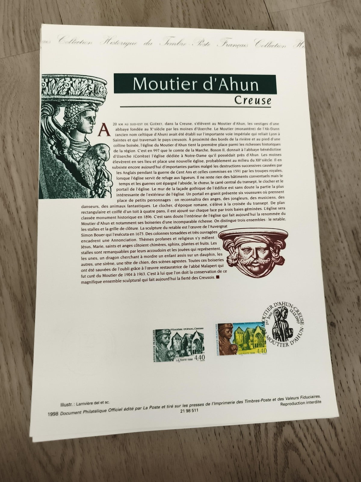Feuillet philatélique Moutier d'Ahun Creuse 1998 timbres La Poste France