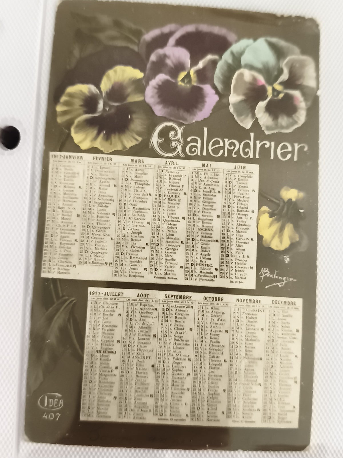 Calendrier 1917 ancien CPA fleurs pensées Art déco IDEAL 407 vintage carte posta