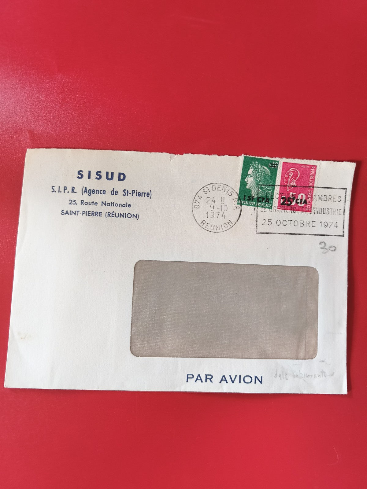 Enveloppe philatélie Par Avion S.I.P.R Réunion timbrée 1974 fenêtre