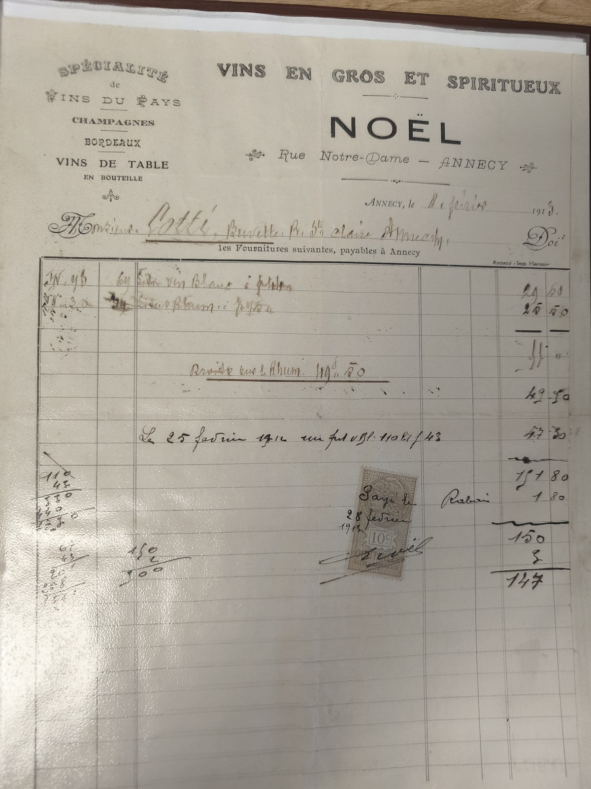 Ancien document commercial 1913 Vins Noël Annecy facture timbre fiscal vintage