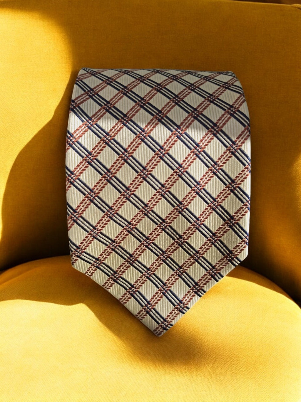Cravate vintage motif tartan crème bleu marron | Élégant accessoire Virtuose