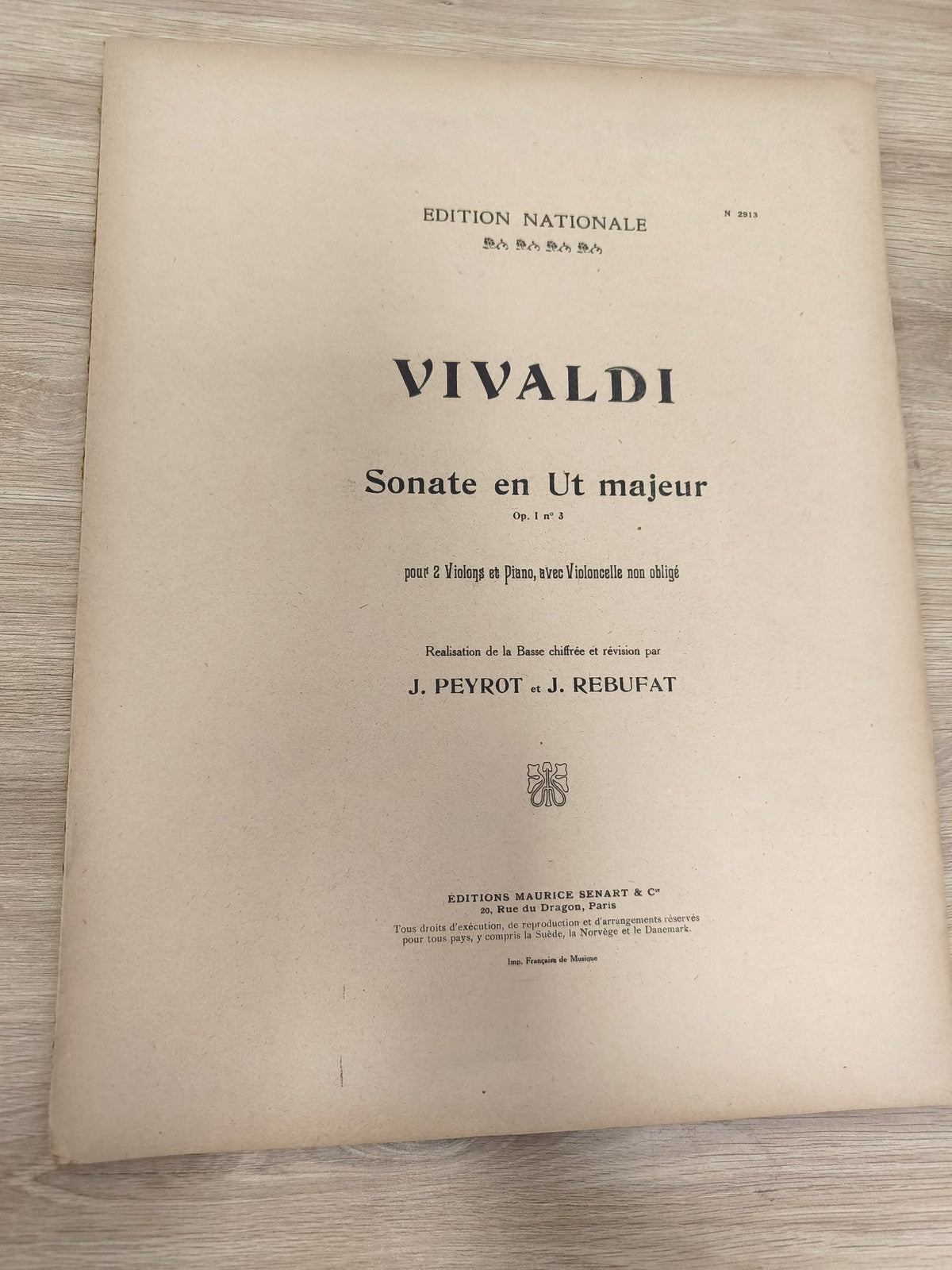 Ancien livre partitions Vivaldi violon piano Sonate en Ut majeur Éd. Senart