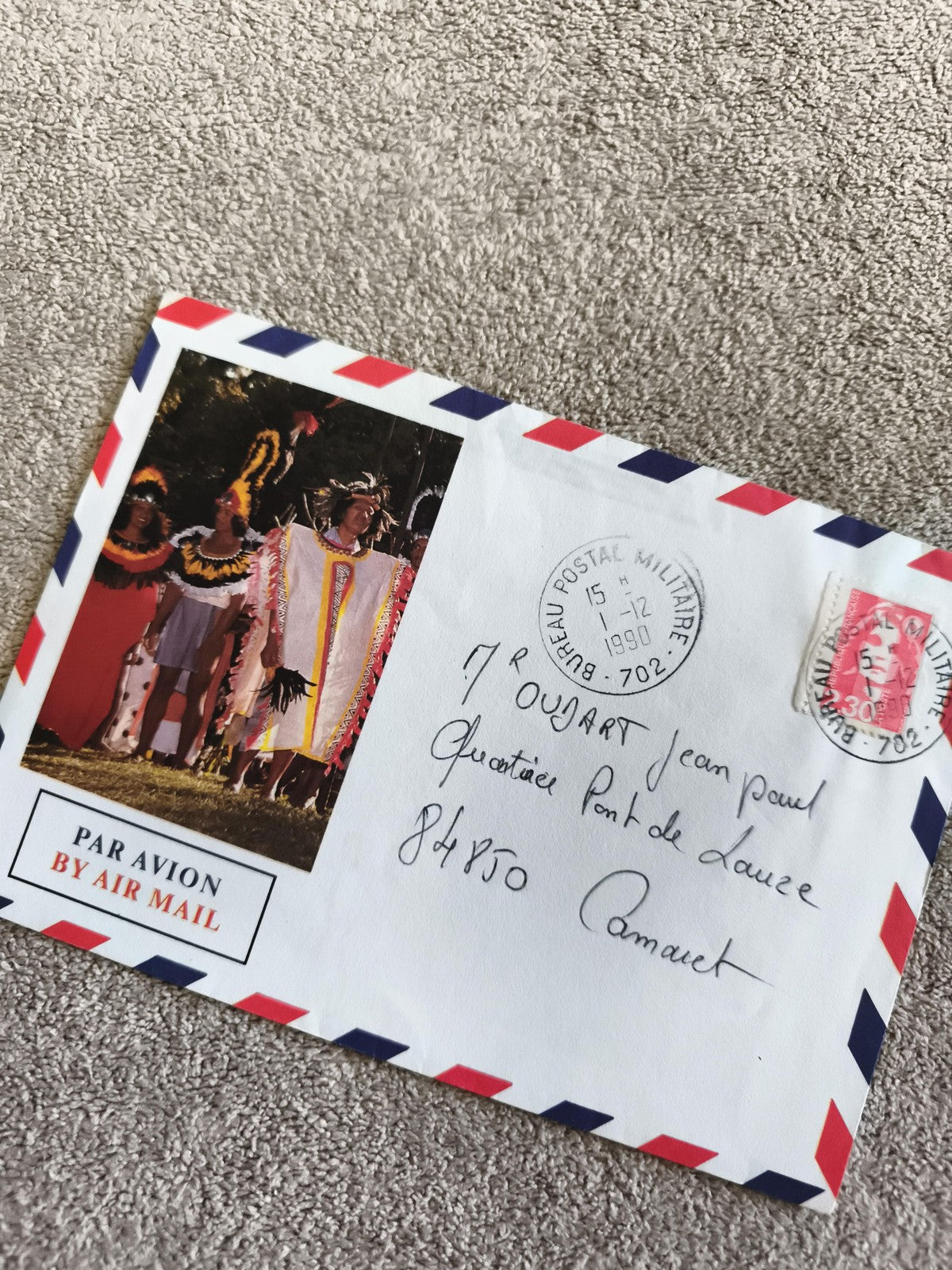Lettre avion affranchie timbre Marianne, enveloppe illustrée, cachet 1990 philat