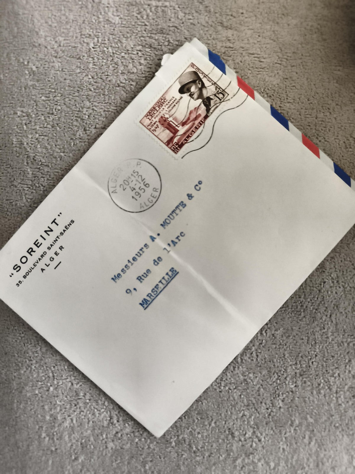 Lettre affranchie Algérie 1956 timbre militaire enveloppe SOREINT Marseille