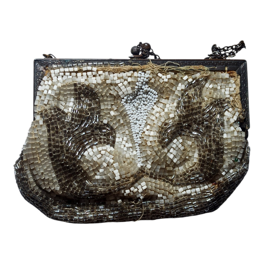 Sac à main ancien brodé perles sequins Art Déco vintage, motif géométrique rare