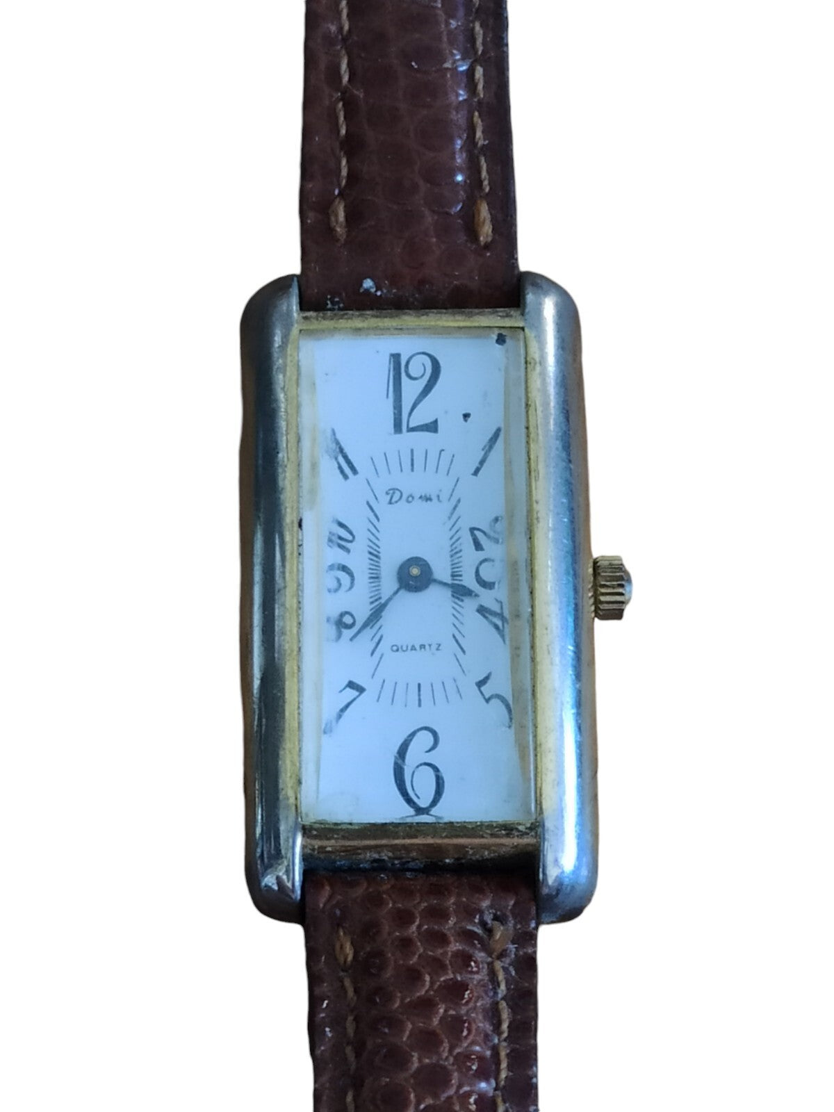 Montre vintage Domi quartz rectangulaire cadran blanc bracelet brun élégant