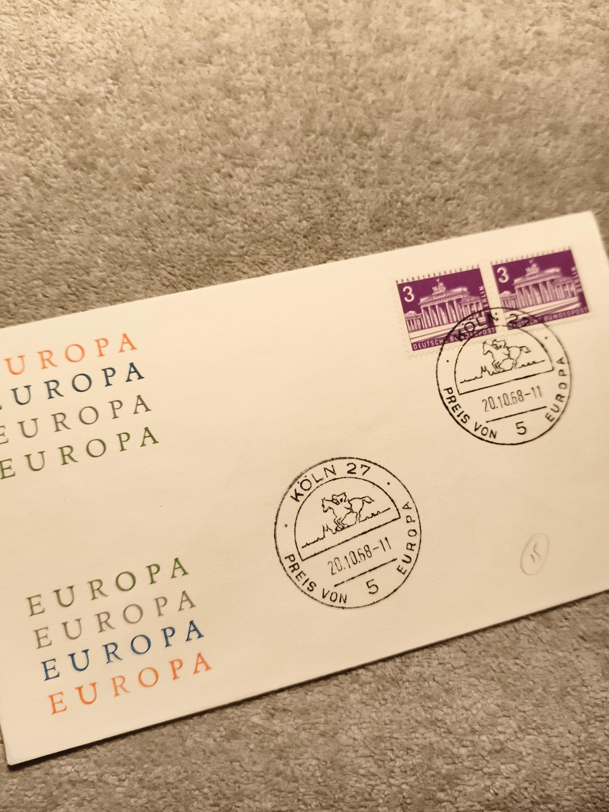 Lettre premier jour Europa Allemagne 1968, 2 timbres 3 Pfennig, cachet Köln