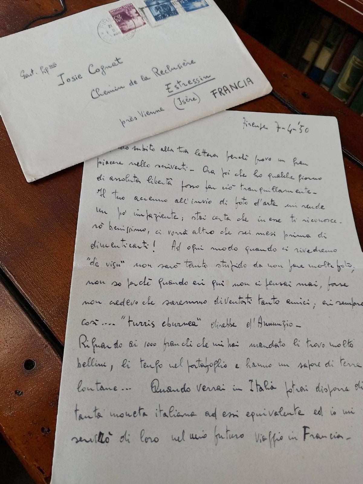 Lettre manuscrite ancienne 1950 avec enveloppe timbrée, France Italie, vintage