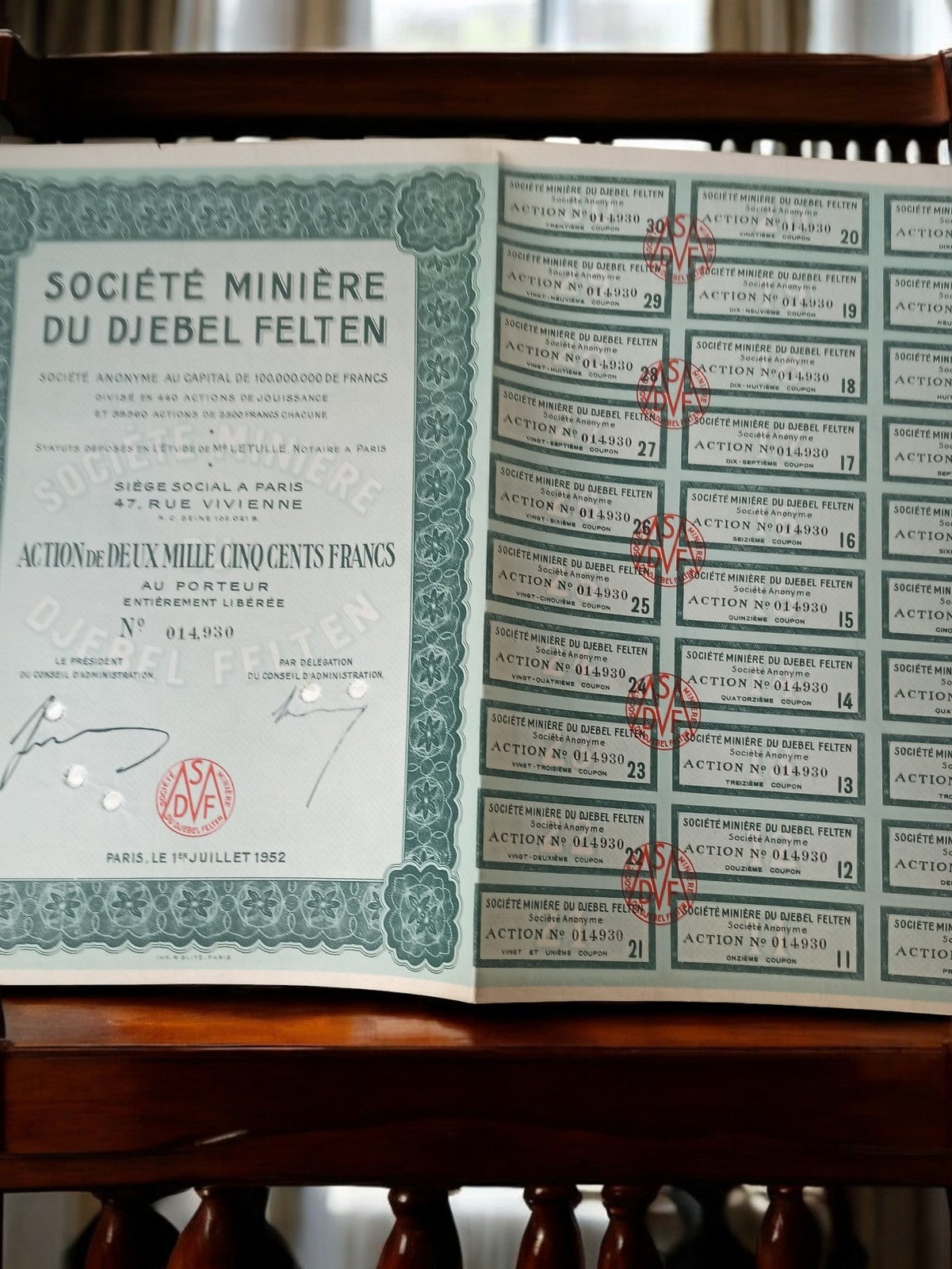 Action au porteur Société Minière Djebel Felten 1952 authentique ancien titre