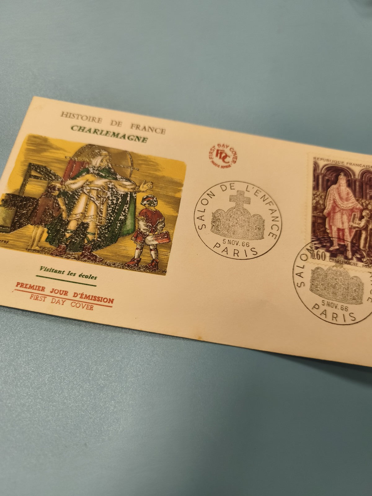 Enveloppe premier jour d?émission FDC Charlemagne timbre Salon de l?Enfance 1966
