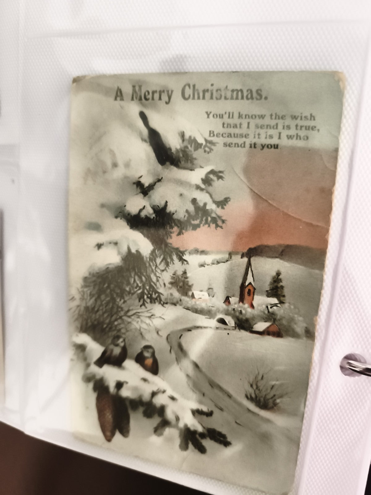 Carte postale ancienne Noël, A Merry Christmas, paysage hiver, oiseaux, CPA