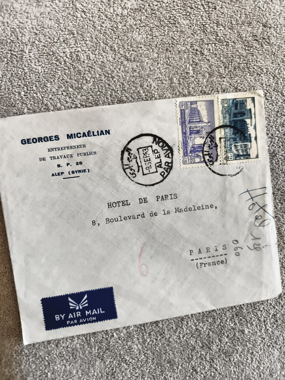 Lettre affranchie Syrie 1953 cachet Alep timbres architecture By Air Mail philat