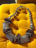 Collier fantaisie vintage métal argenté et bois, gros maillons design rétro