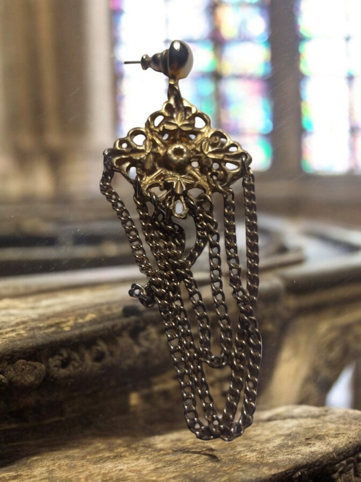 Boucle d’oreille vintage années 70 plaquée or, longue pampille chaîne, rétro uni