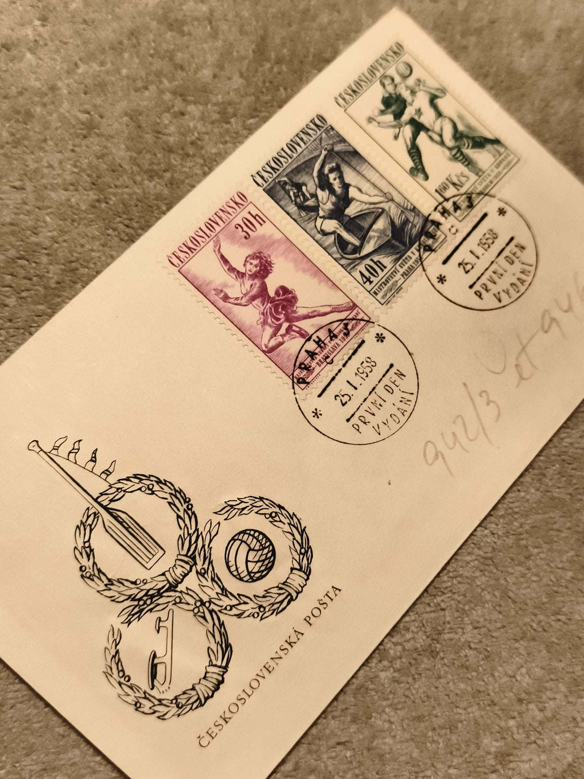Lettre 1er jour Tchécoslovaquie 1958 sports, timbres oblitérés Praha, philatélie