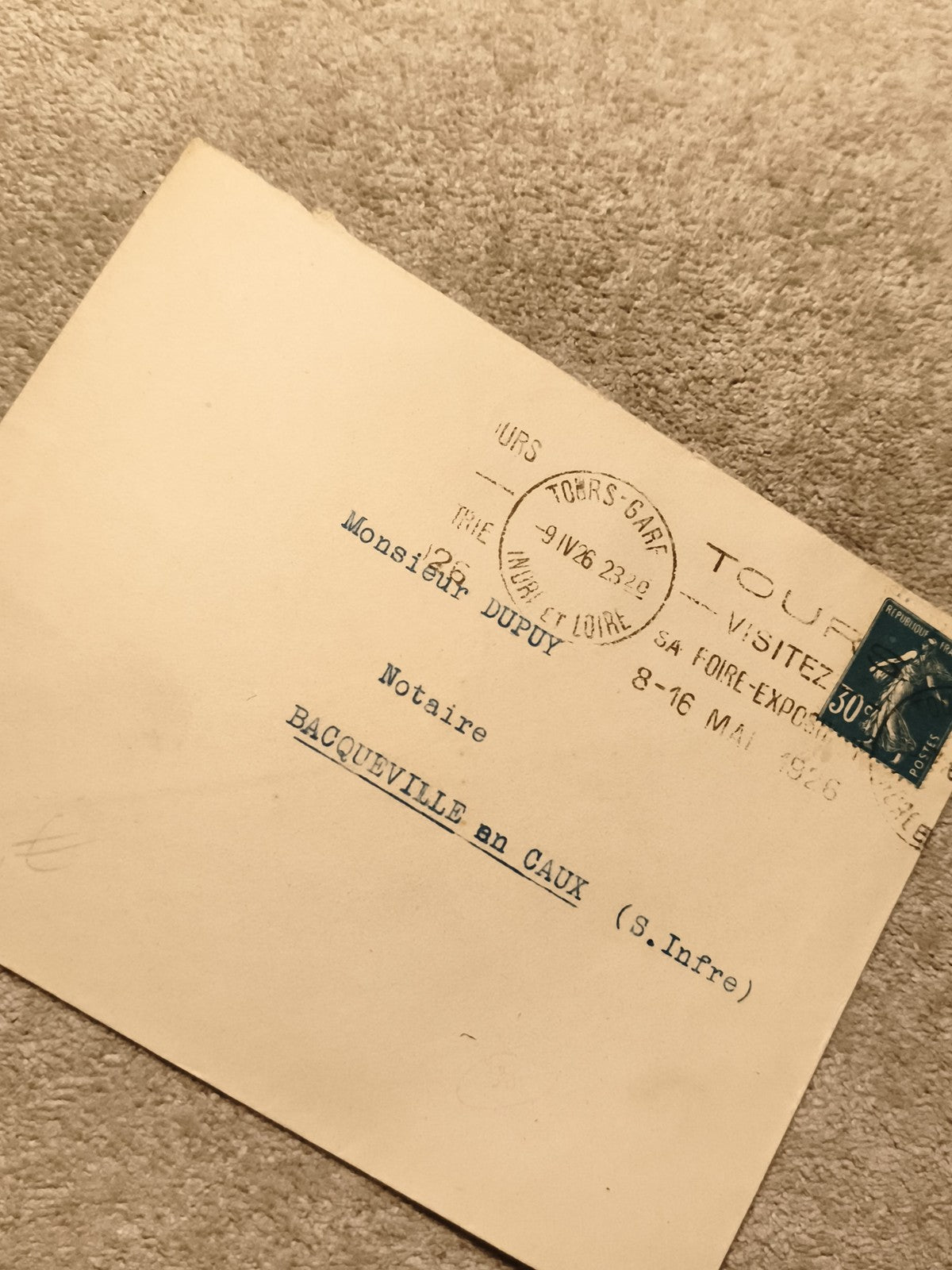 Lettre oblitérée Tours 1926 timbre 50c Marianne philatélie (Ref 27)