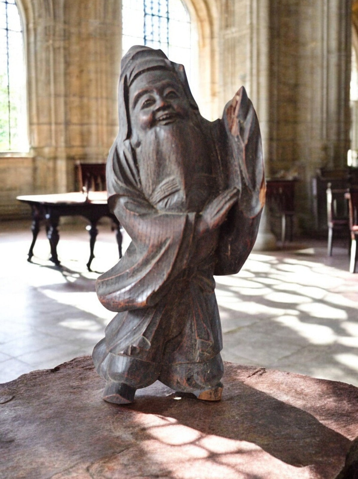 Statue ancienne sage chinois bois sculpté, Fu, patine sombre, restauration