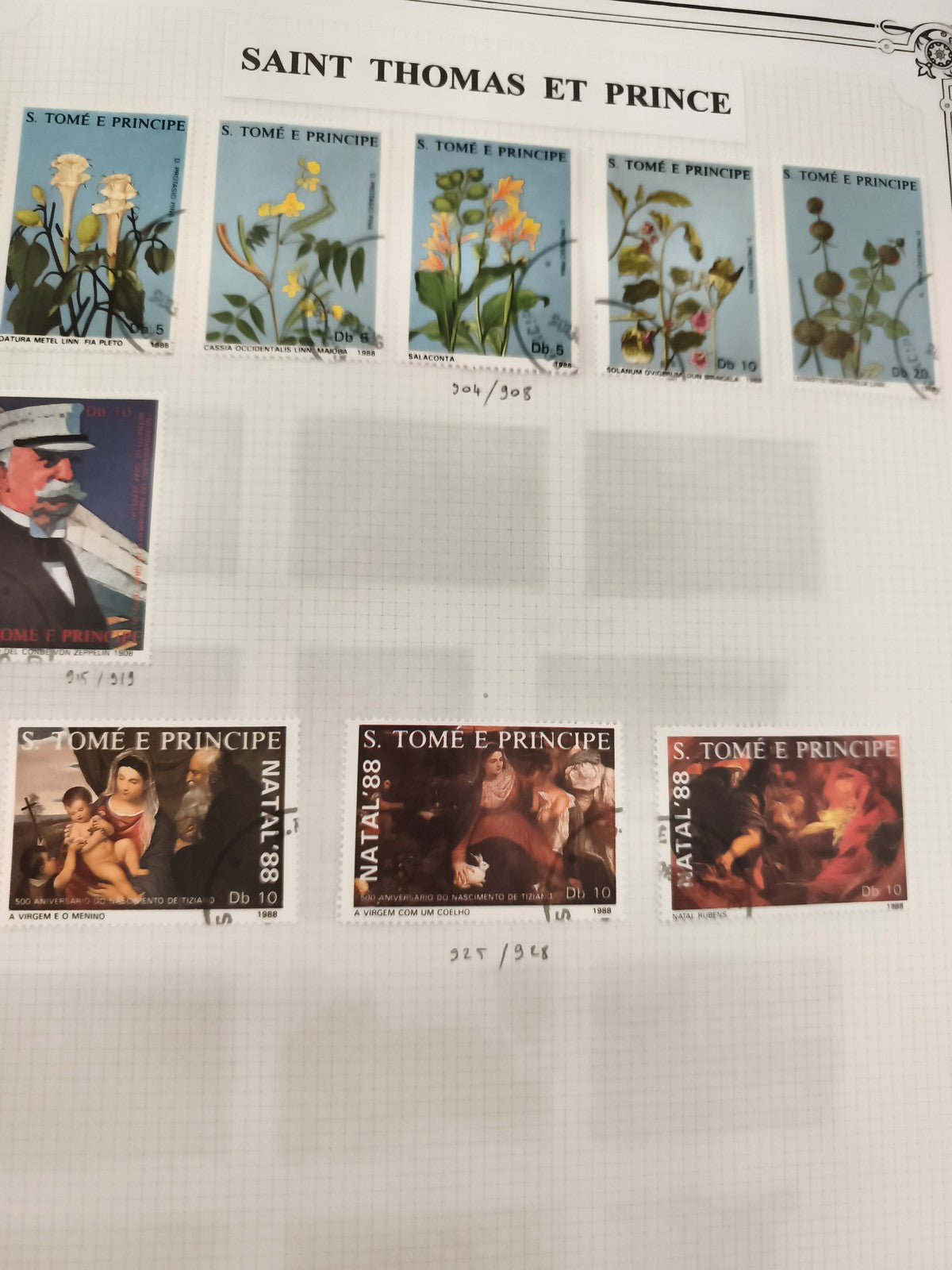Timbres S. Tomé e Príncipe 1988 fleurs et peintures Db 5/10/20 philatélie