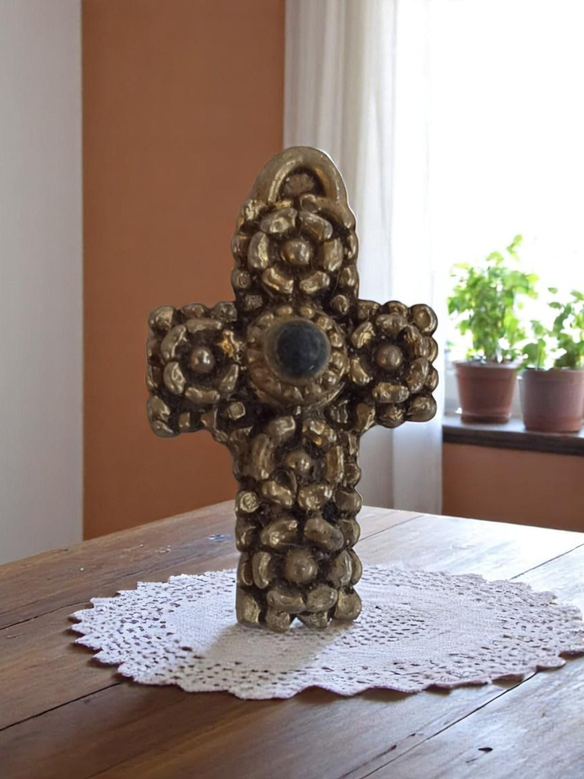 Vintage Decorative Gold Metal Cross 1950s Religious Retro Style