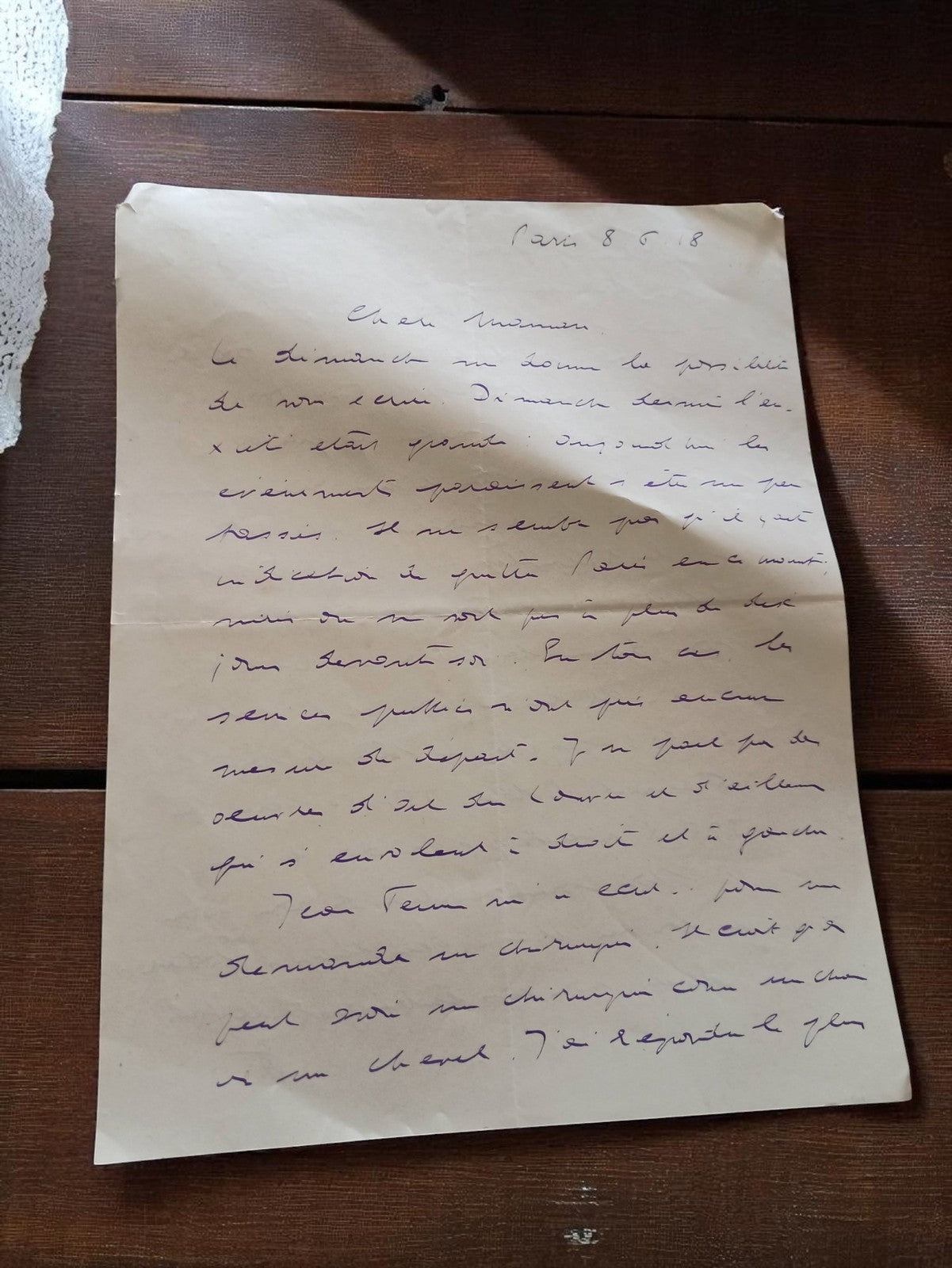 Lettre manuscrite ancienne Paris 1918 – Correspondance intime Guerre