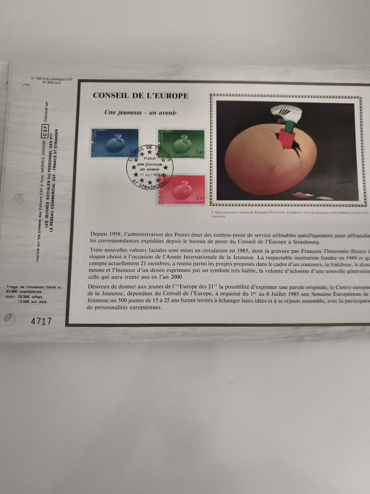 Feuillet CEF Conseil de l’Europe 1985 timbres Strasbourg thème jeunesse