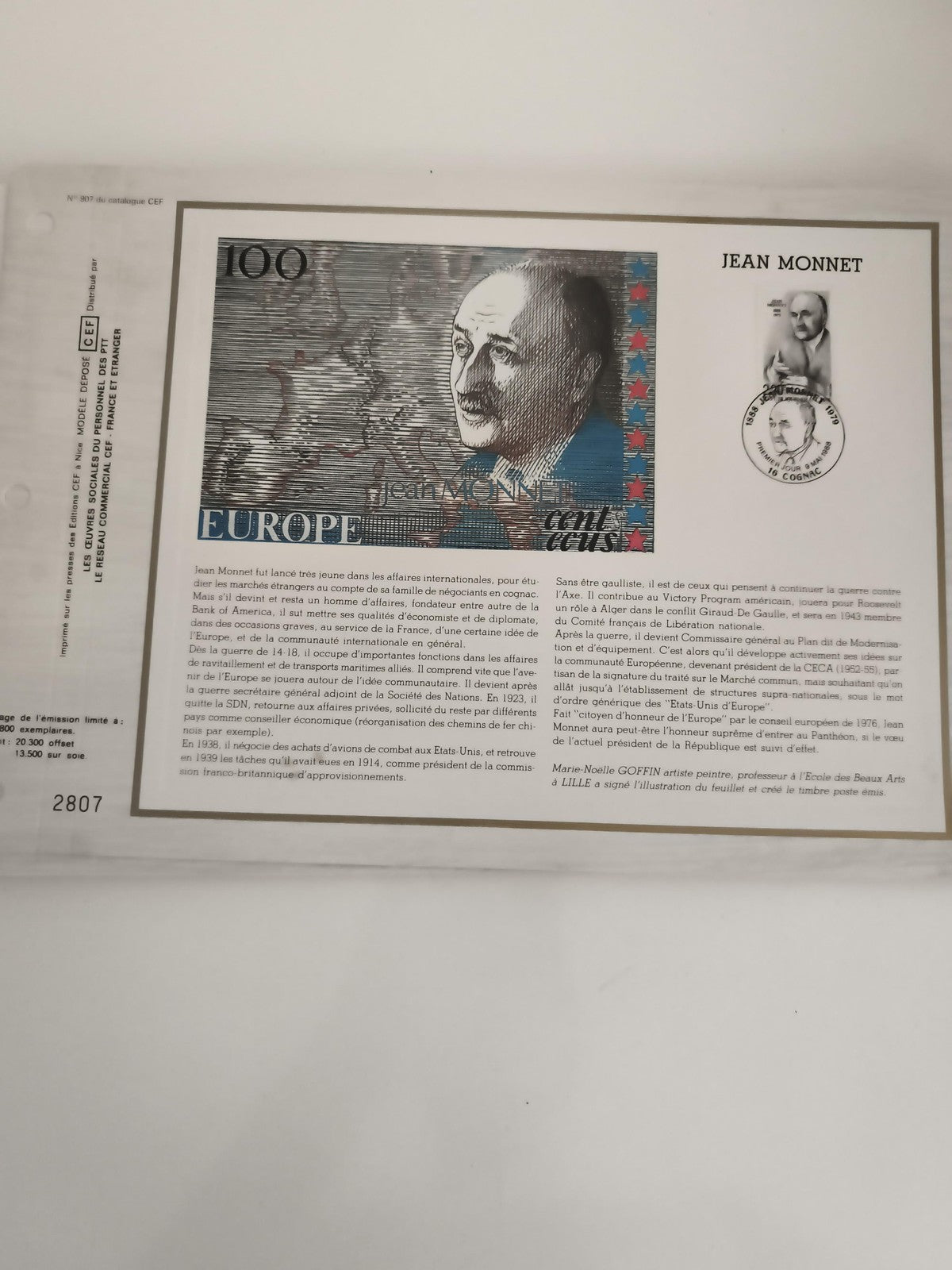 Feuillet CEF Jean Monnet philatélie 100F Europe timbre illustré