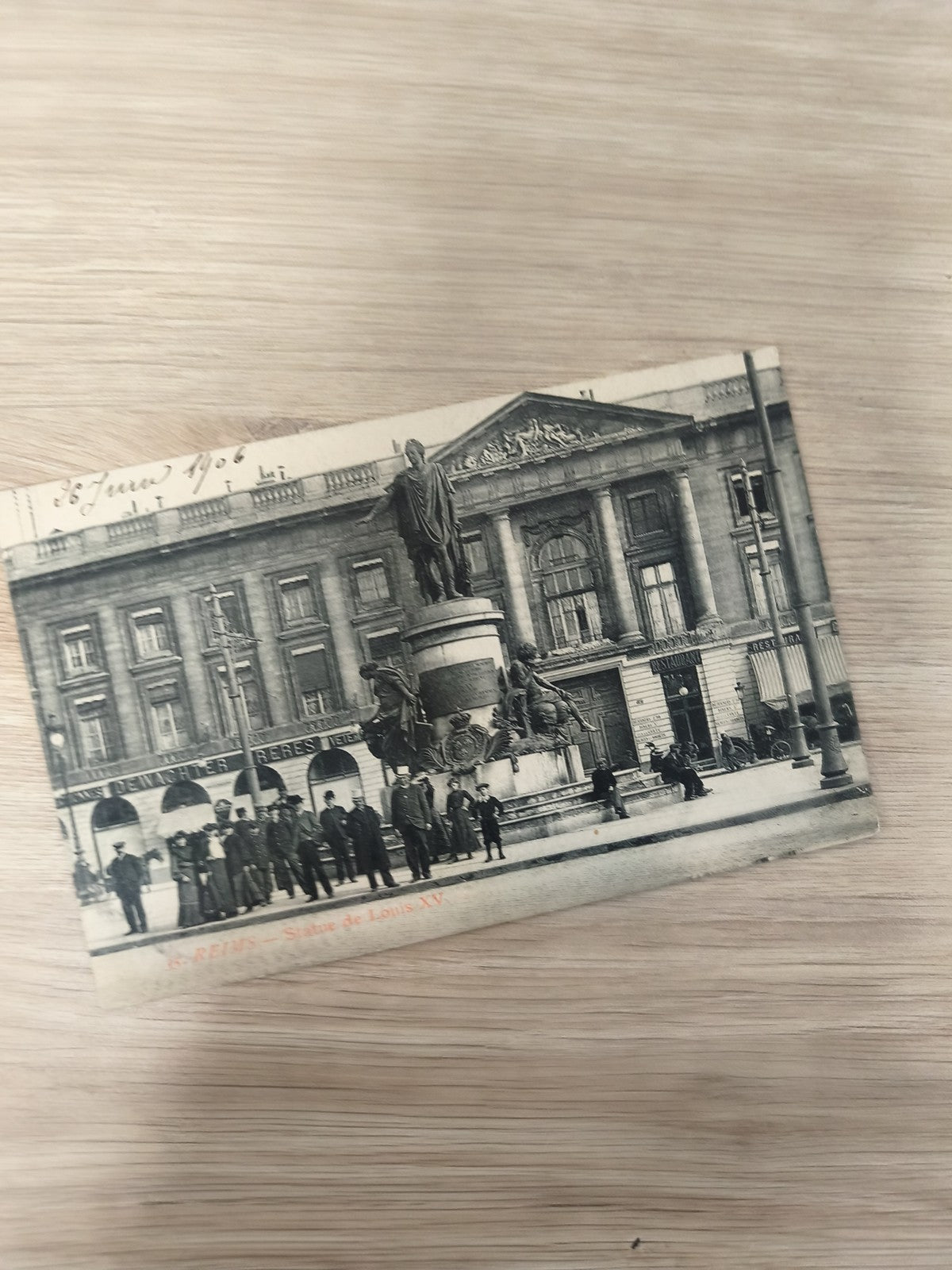 Ancienne carte postale CPA Reims statue Louis XV écriture 1906 collection