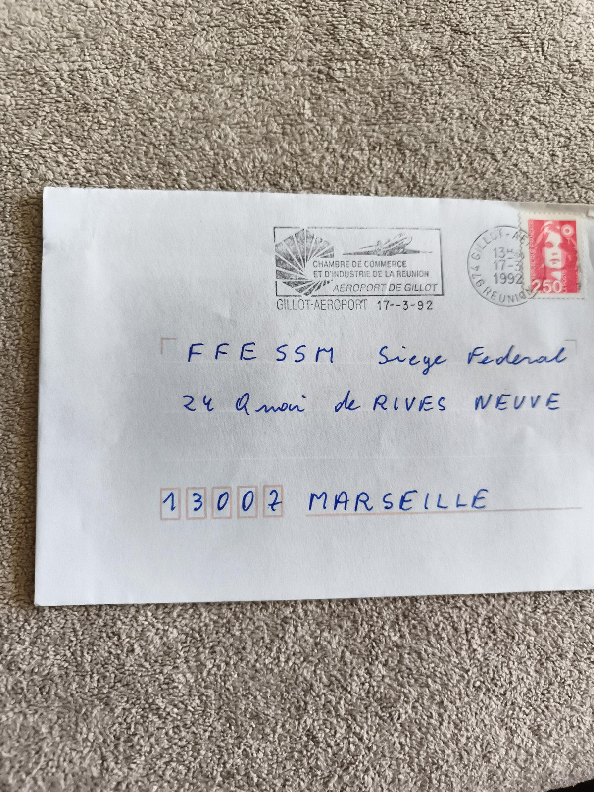 Lettre oblitérée 1992 La Réunion tampon aéroport timbre Marianne 2,50 F philatél