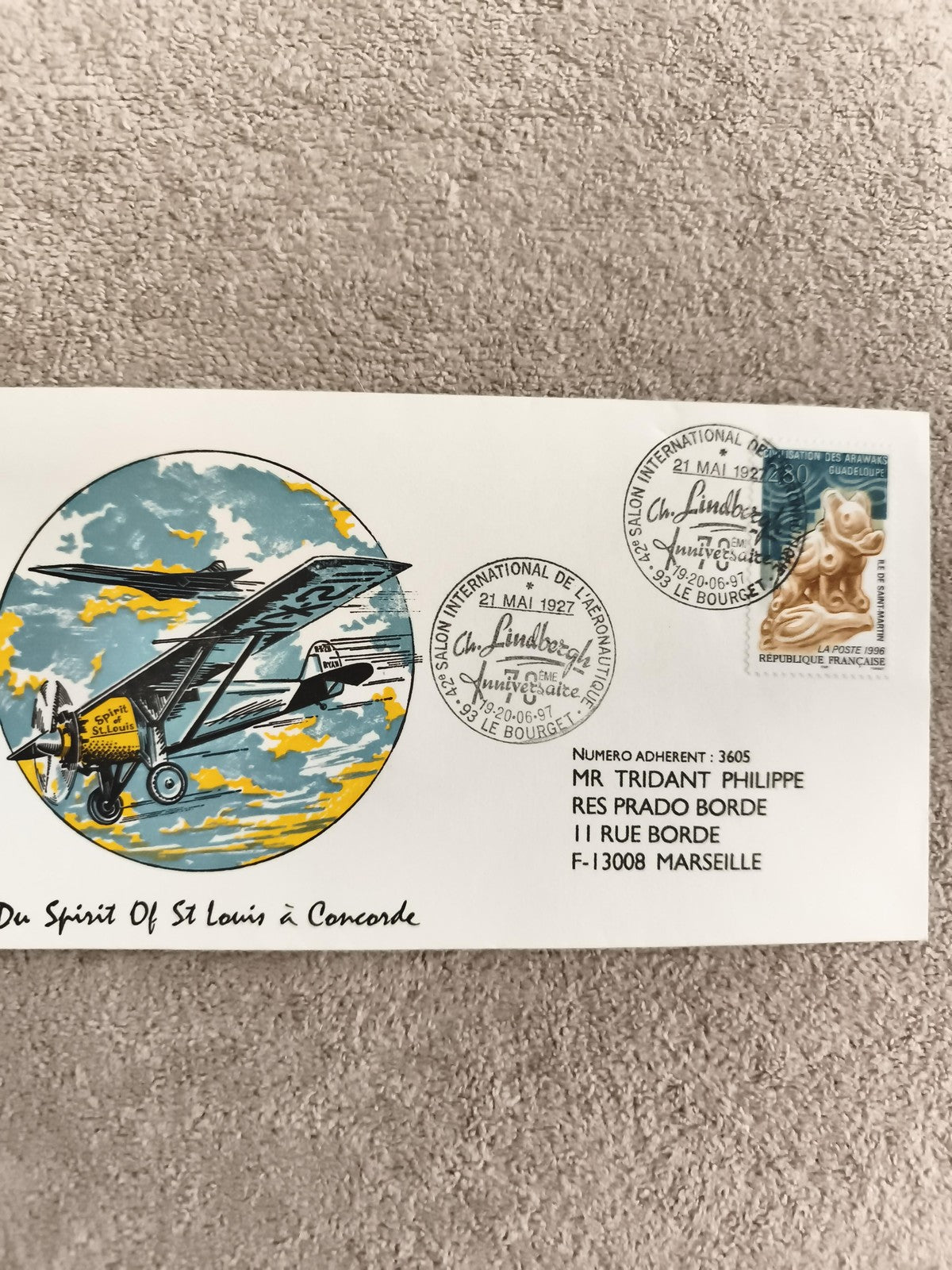 Lettre philatélique cachet Le Bourget Lindbergh avion Spirit St Louis