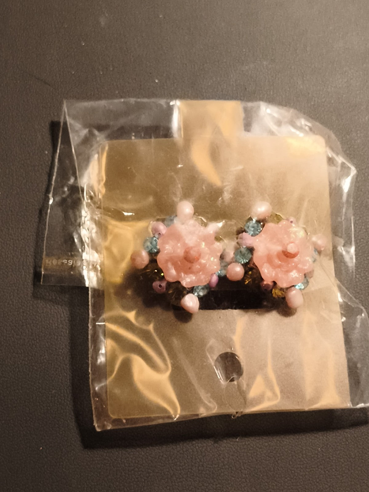 Paire boucles d’oreilles vintage fleurs roses perles deadstock ancien magasin