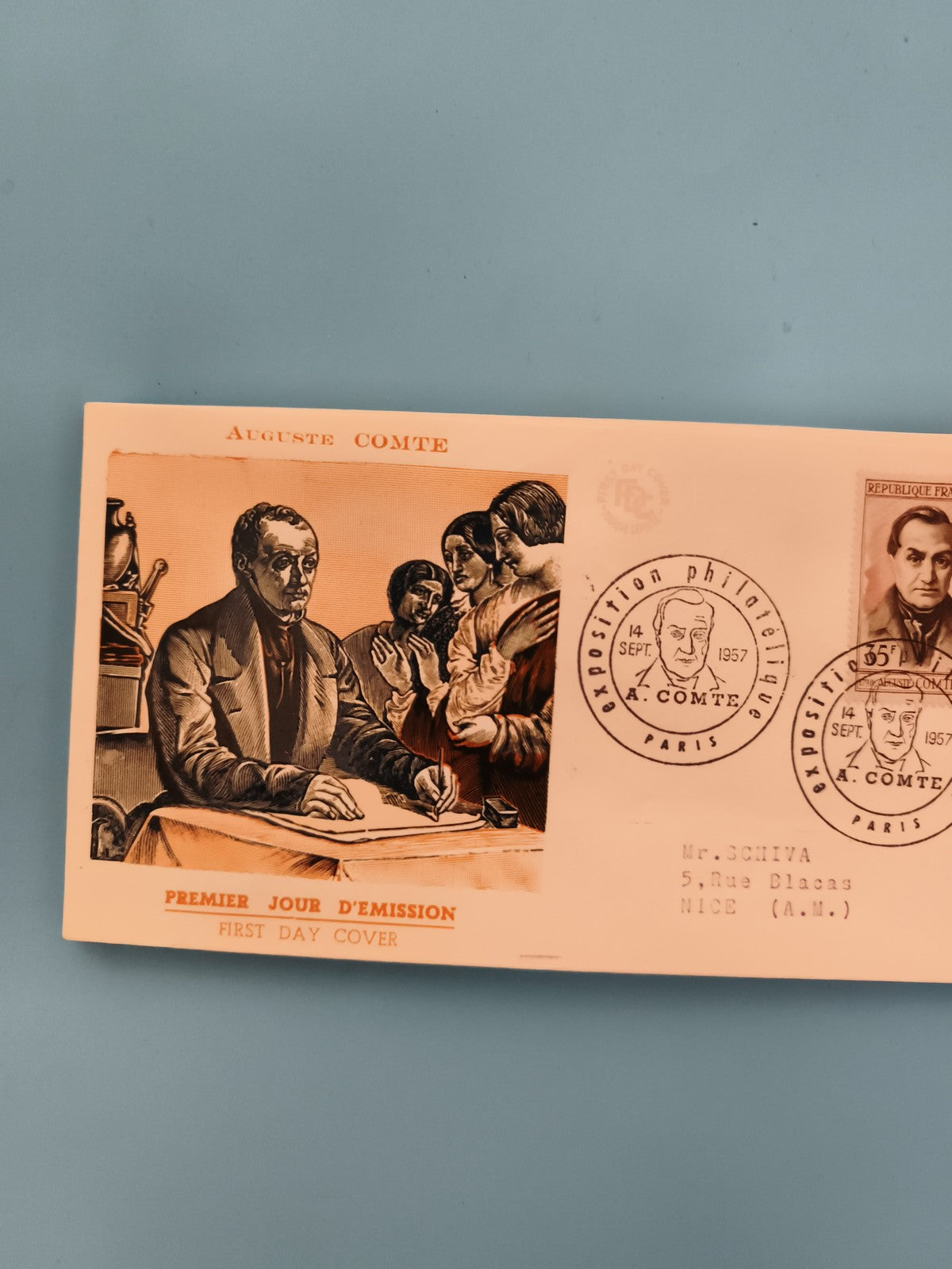 Lettre Premier Jour Auguste Comte 1957 FDC Exposition Philatélie Paris