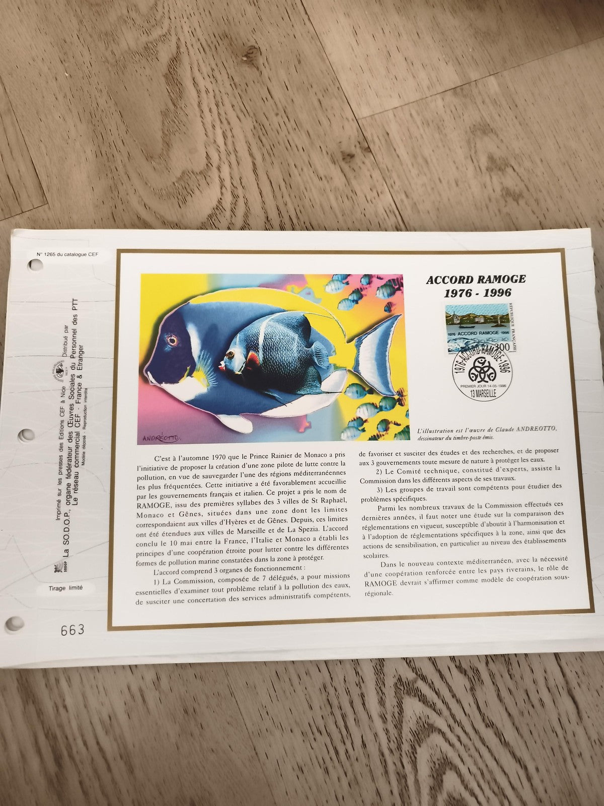 Feuillet philatélique Accord Ramoge 1976-1996 Monaco timbre poissons