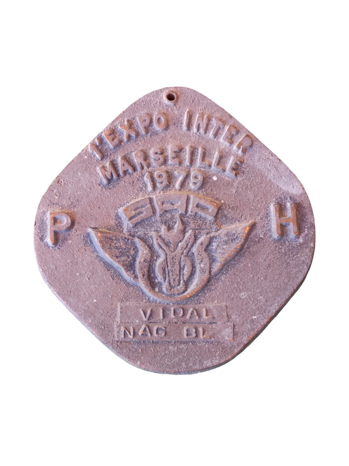 Plaque ancienne Expo Inter Marseille 1979 Vidal métal, badge vintage PH