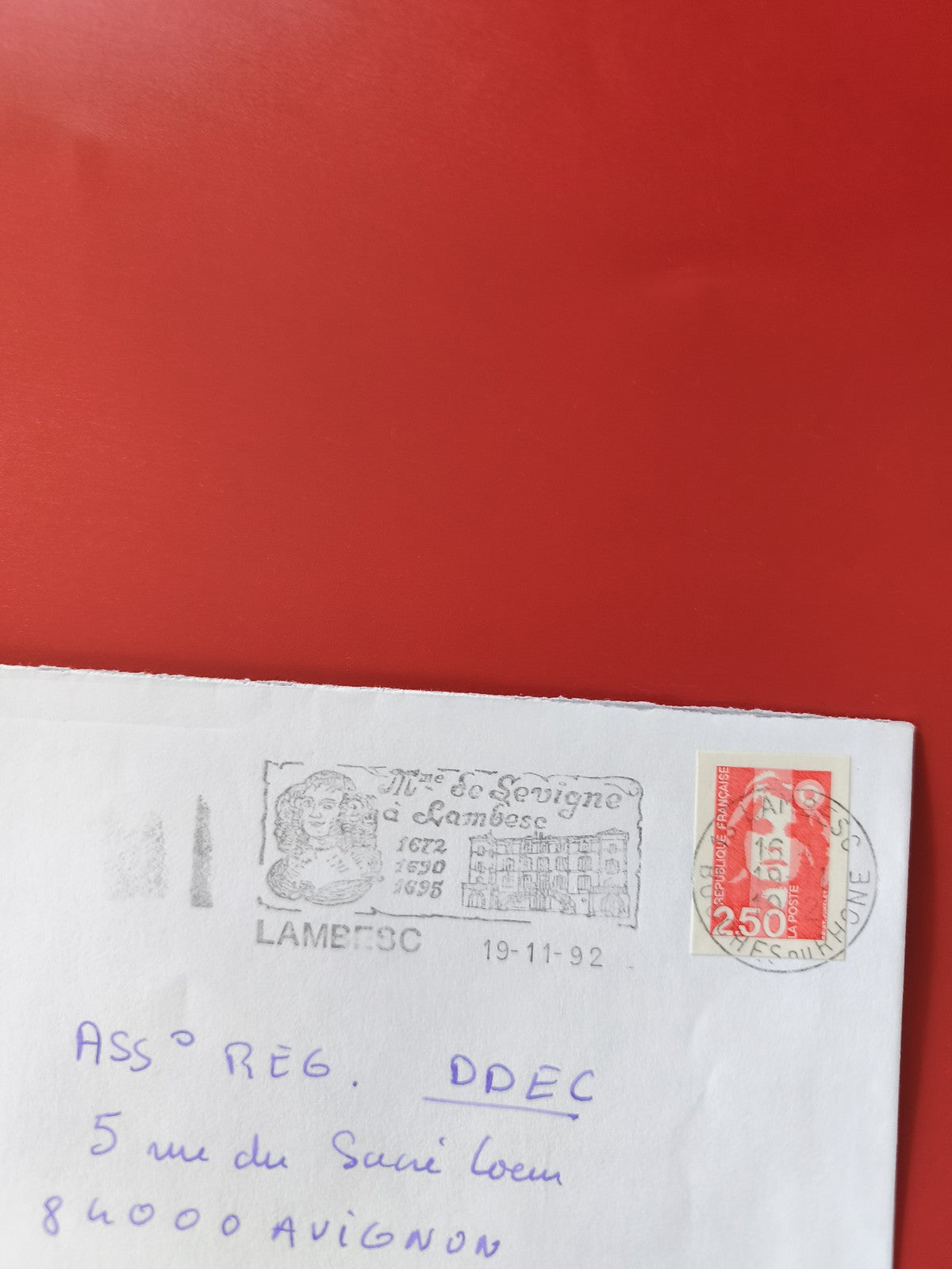 Enveloppe philatélie oblitérée Marianne 2,50 F timbre rouge France 1992