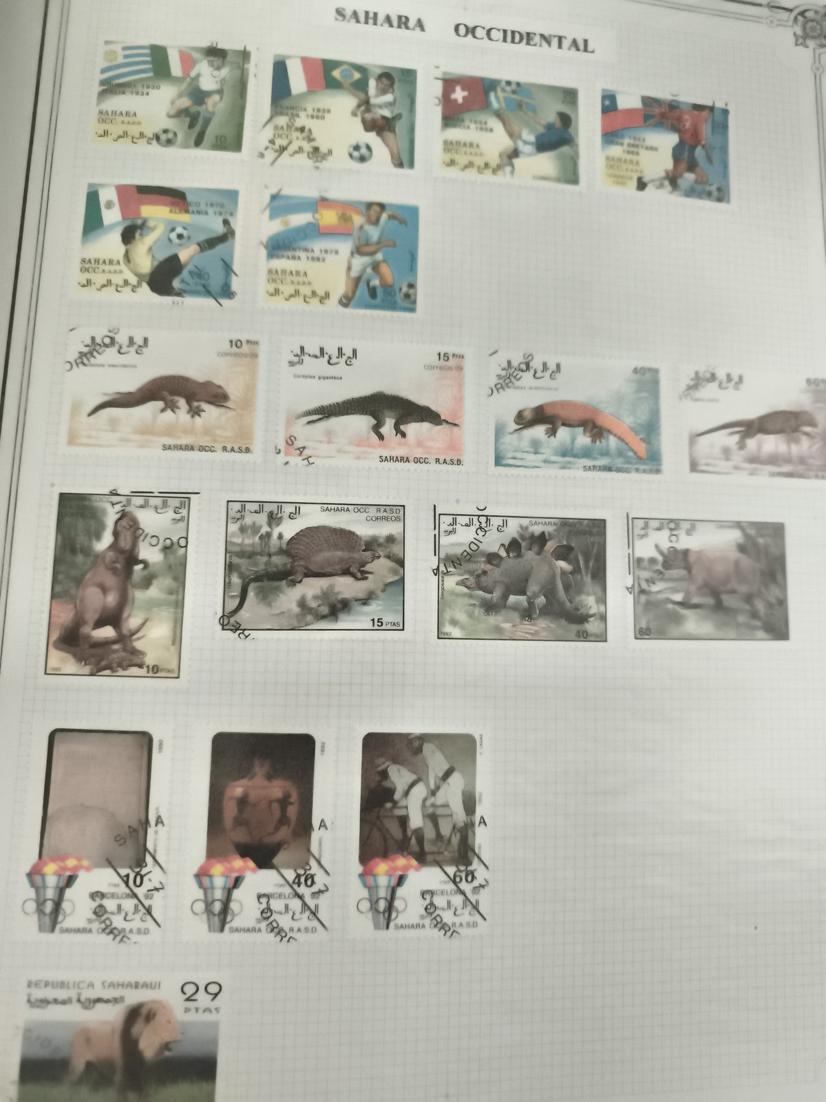 Timbres Sahara Occidental thématiques sport et animaux, oblitérés philatélie
