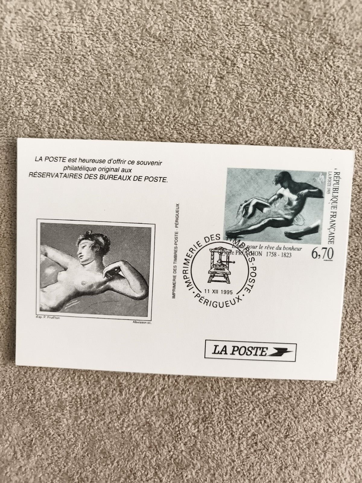 Carte souvenir philatélie La Poste 1995 Prud’hon nu artistique timbre France